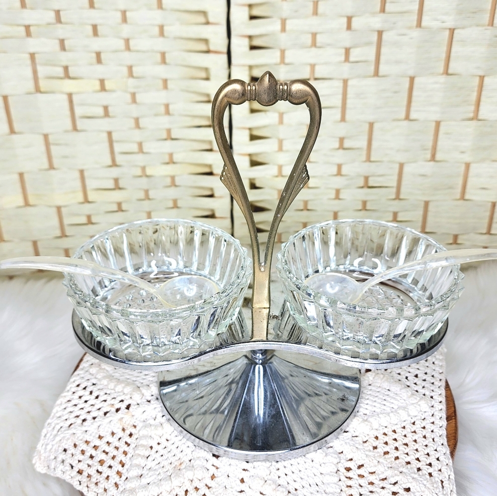 Vintage Kromex Twin Carousel Server With 2 Cut Glass Bowls & Serving Spoons